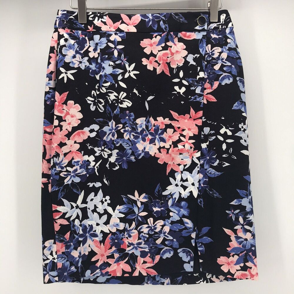 Talbots Skirt Womens 6P 6 Petite Black Pink Blue Floral Faux Wrap Lined Stretch